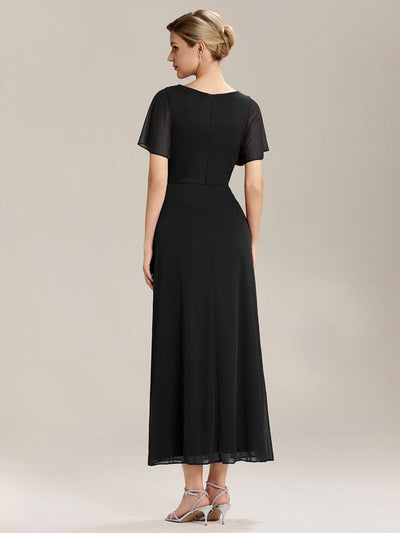 Side Split Chiffon Ruffle Sleeve Dress #color_Black