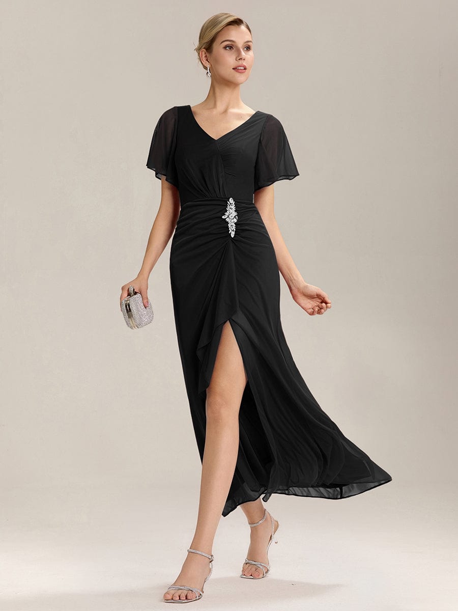 Side Split Chiffon Ruffle Sleeve Dress #color_Black