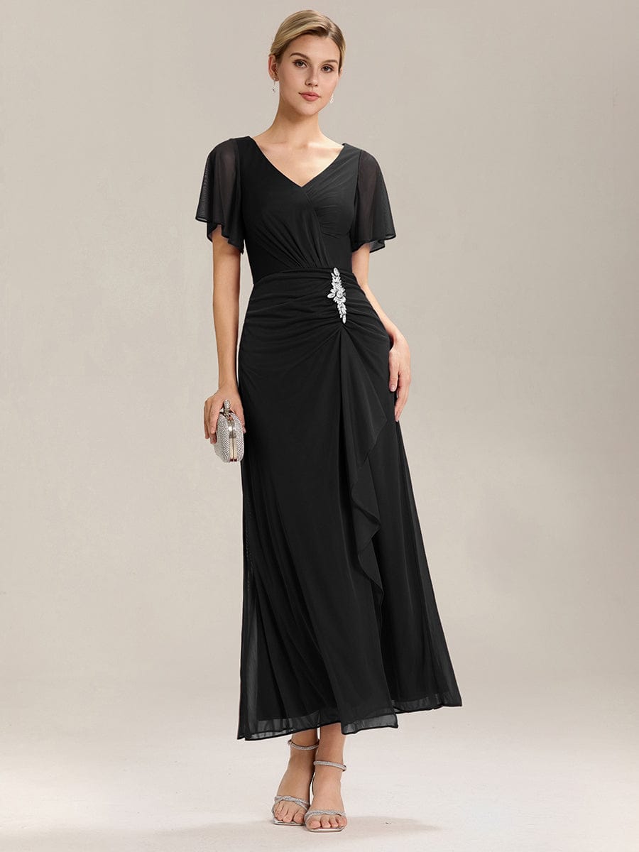 Side Split Chiffon Ruffle Sleeve Dress #color_Black