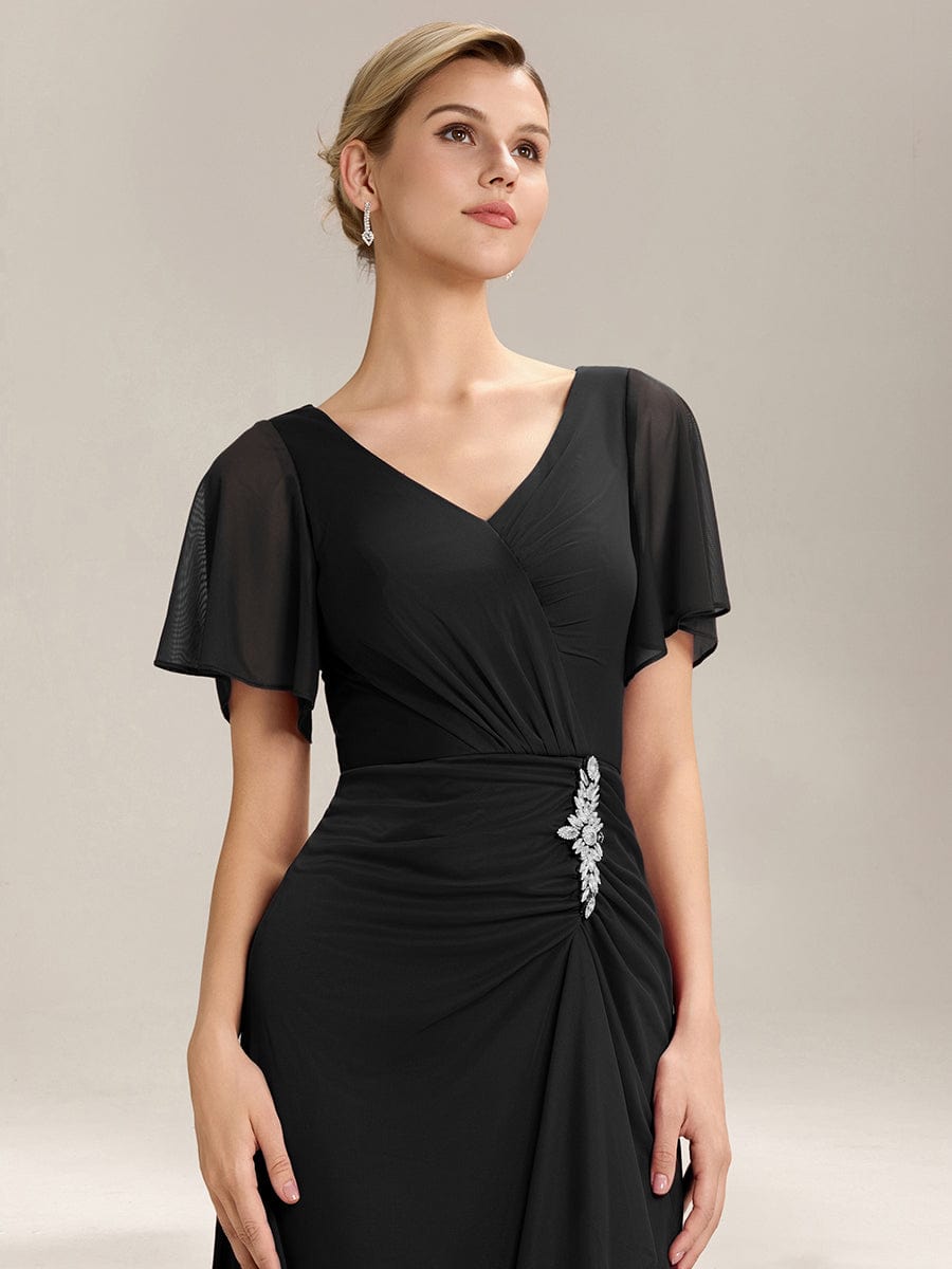 Side Split Chiffon Ruffle Sleeve Dress #color_Black