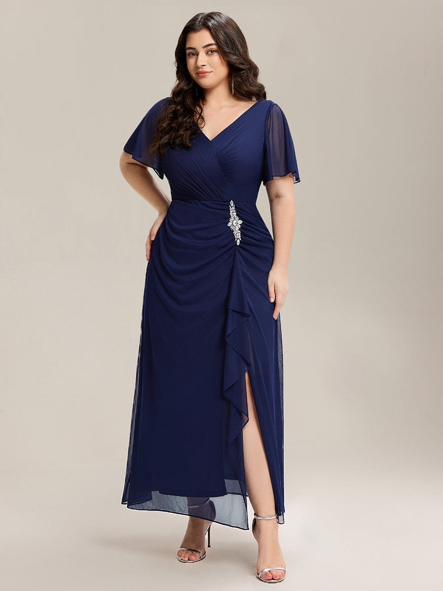 Side Split Chiffon Ruffle Sleeve Dress #color_Navy Blue