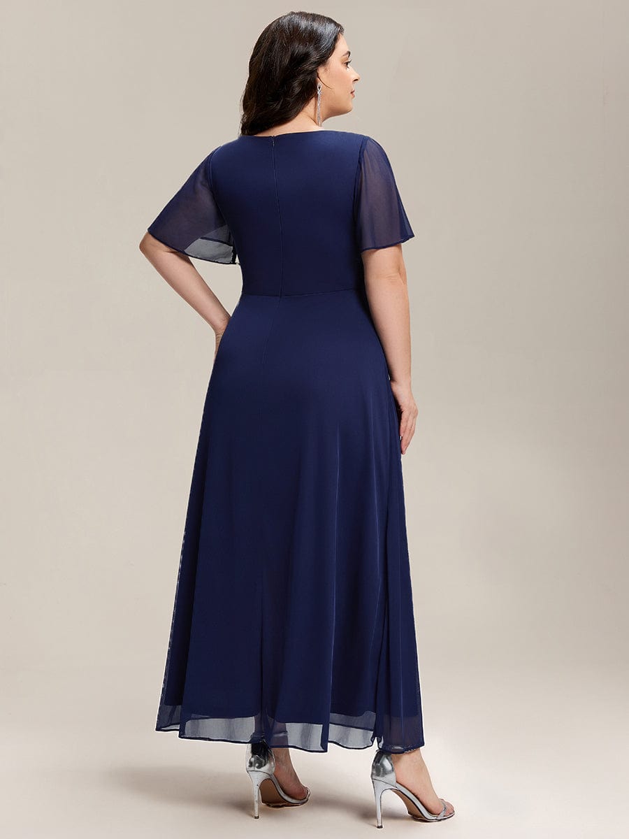 Side Split Chiffon Ruffle Sleeve Dress #color_Navy Blue