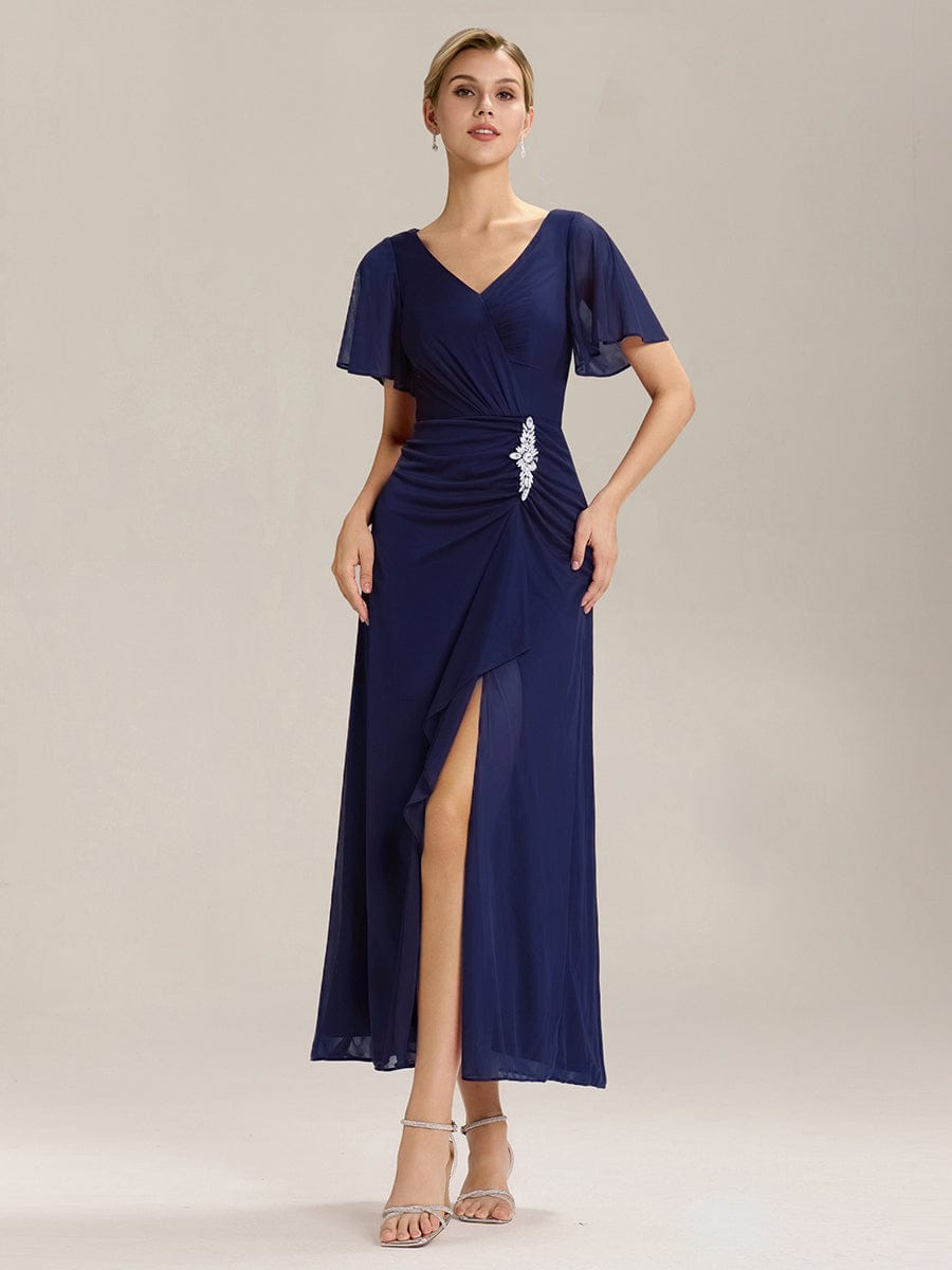 Side Split Chiffon Ruffle Sleeve Dress #color_Navy Blue