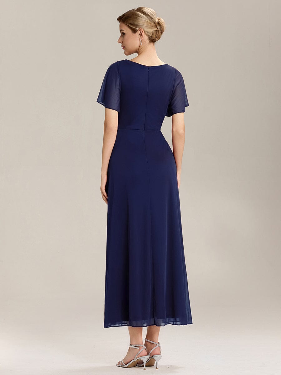 Side Split Chiffon Ruffle Sleeve Dress #color_Navy Blue