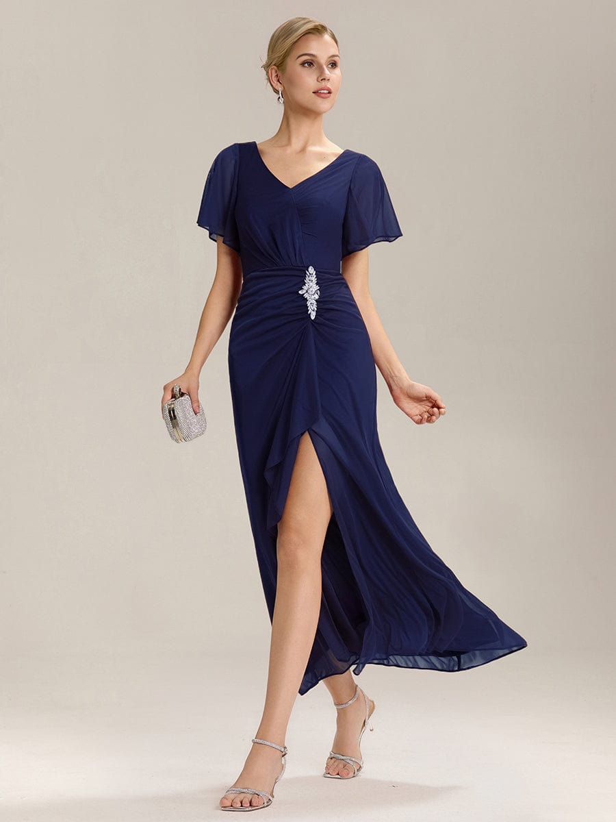 Side Split Chiffon Ruffle Sleeve Dress #color_Navy Blue