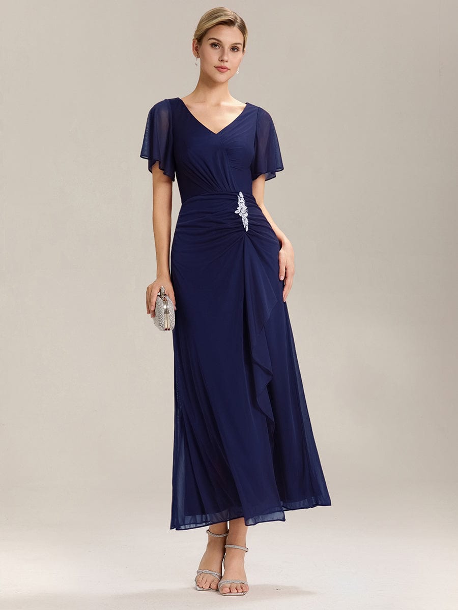 Side Split Chiffon Ruffle Sleeve Dress #color_Navy Blue