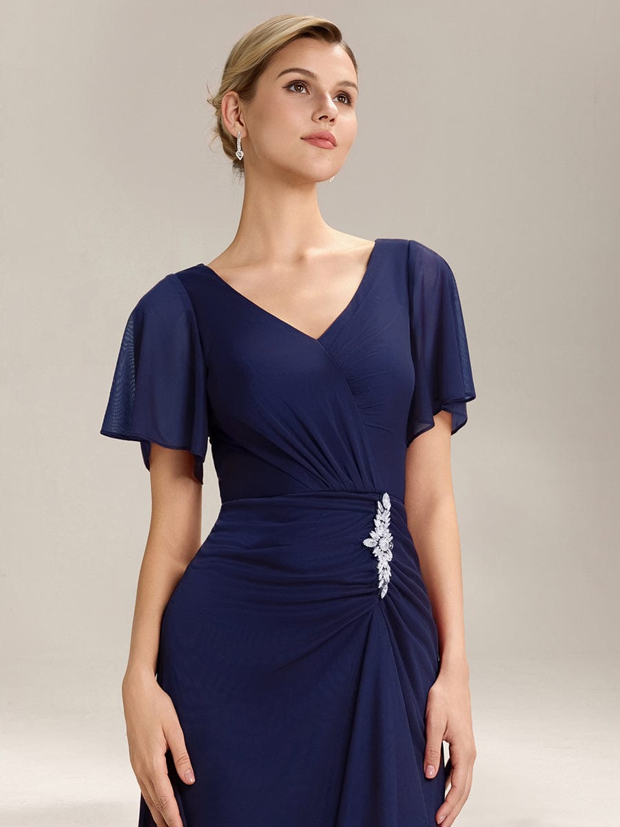 Side Split Chiffon Ruffle Sleeve Dress #color_Navy Blue