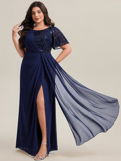 Plus Size Flowing Ribbons Chiffon Mother of the Bride Dress #color_Navy Blue
