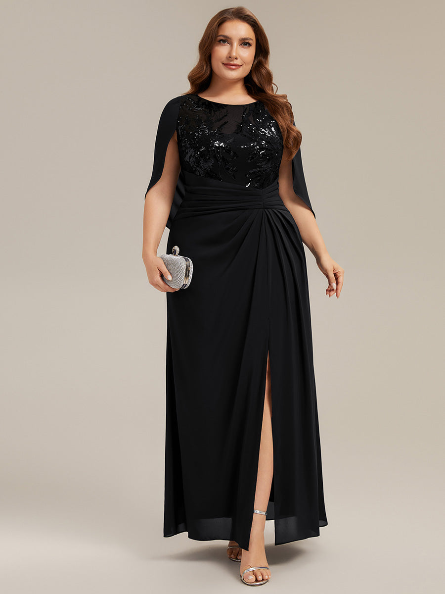 Ever-Pretty Plus Size Sequin Cape Sleeve Fall Formal Wedding Guest Dress with Cowl Back