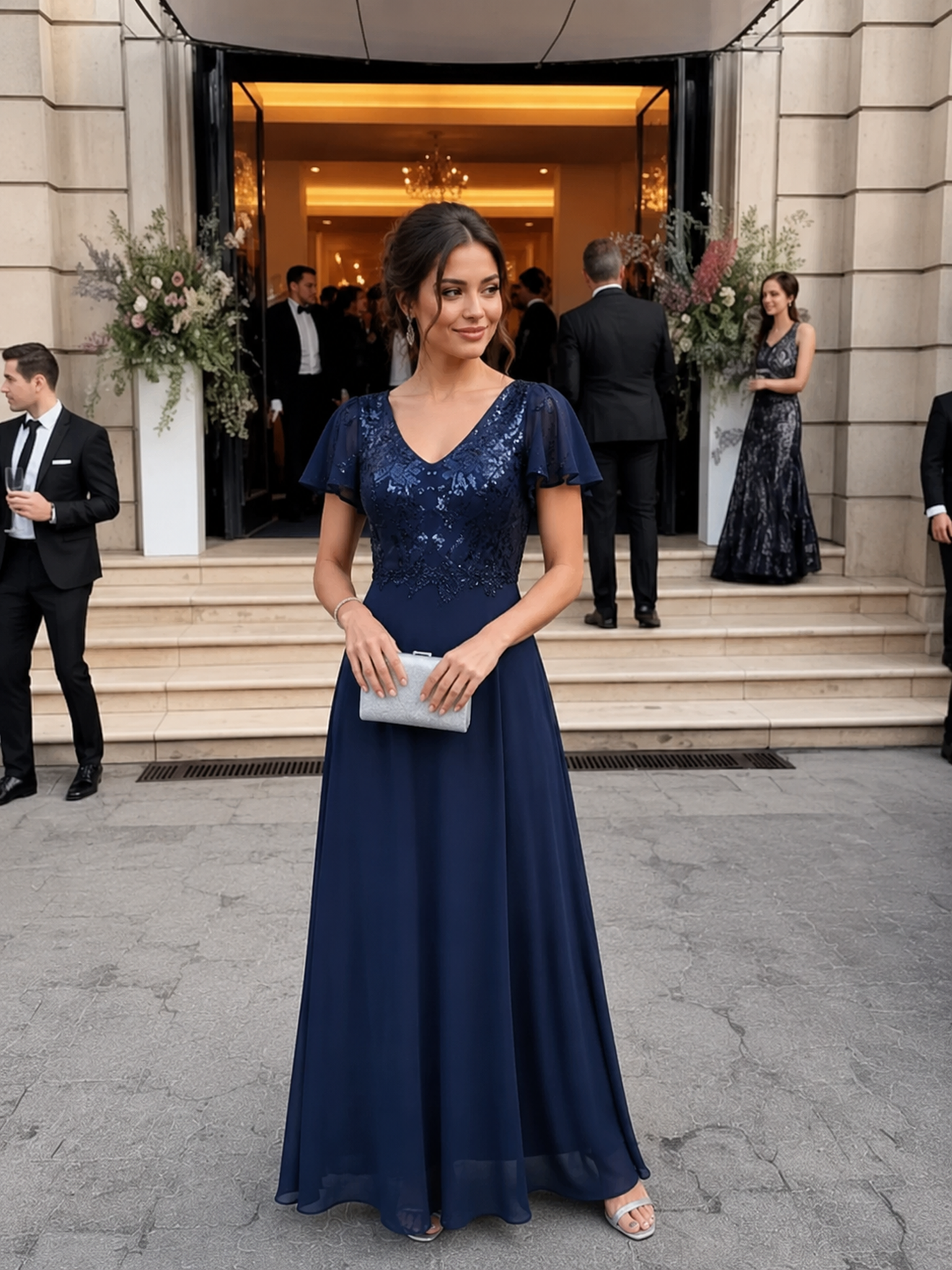 Applique Sequin Ruffle Sleeve Mother of the Bride Dress #color_Navy Blue
