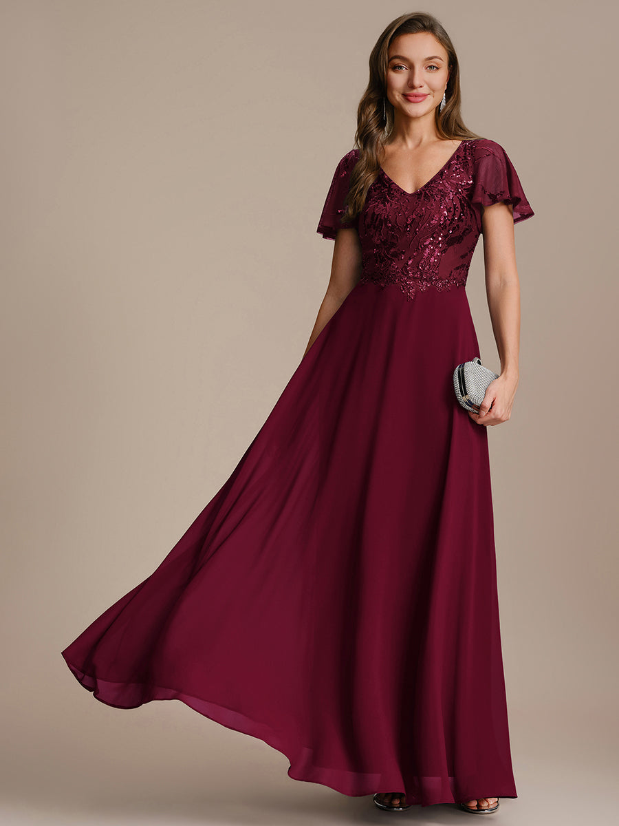 Applique Sequin Ruffle Sleeve Mother of the Bride Dress #color_Burgundy