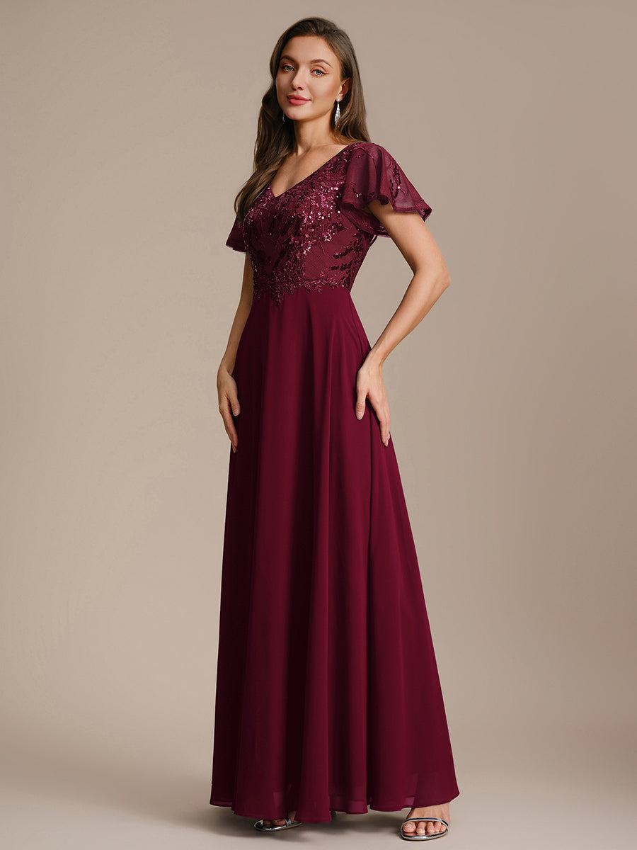 Applique Sequin Ruffle Sleeve Mother of the Bride Dress #color_Burgundy