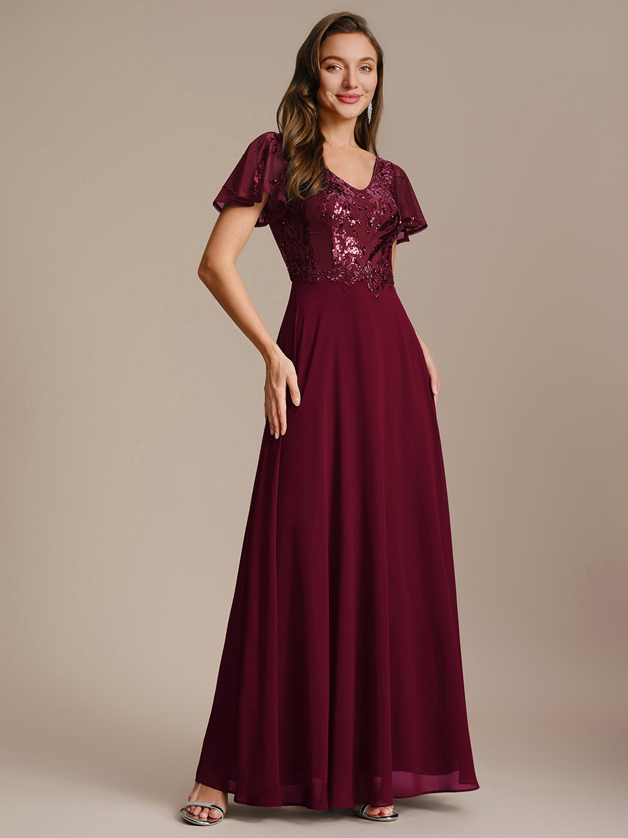 Applique Sequin Ruffle Sleeve Mother of the Bride Dress #color_Burgundy