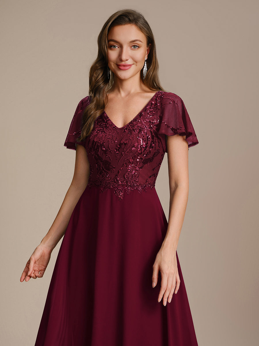 Applique Sequin Ruffle Sleeve Mother of the Bride Dress #color_Burgundy