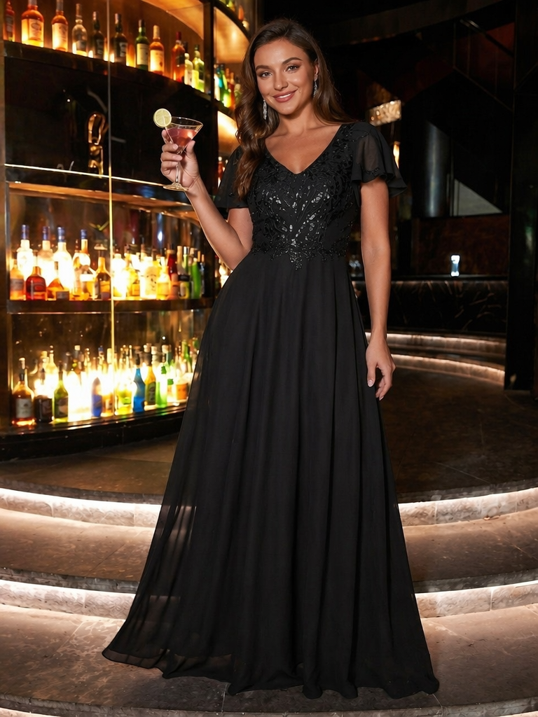 Applique Sequin Ruffle Sleeve Mother of the Bride Dress #color_Black