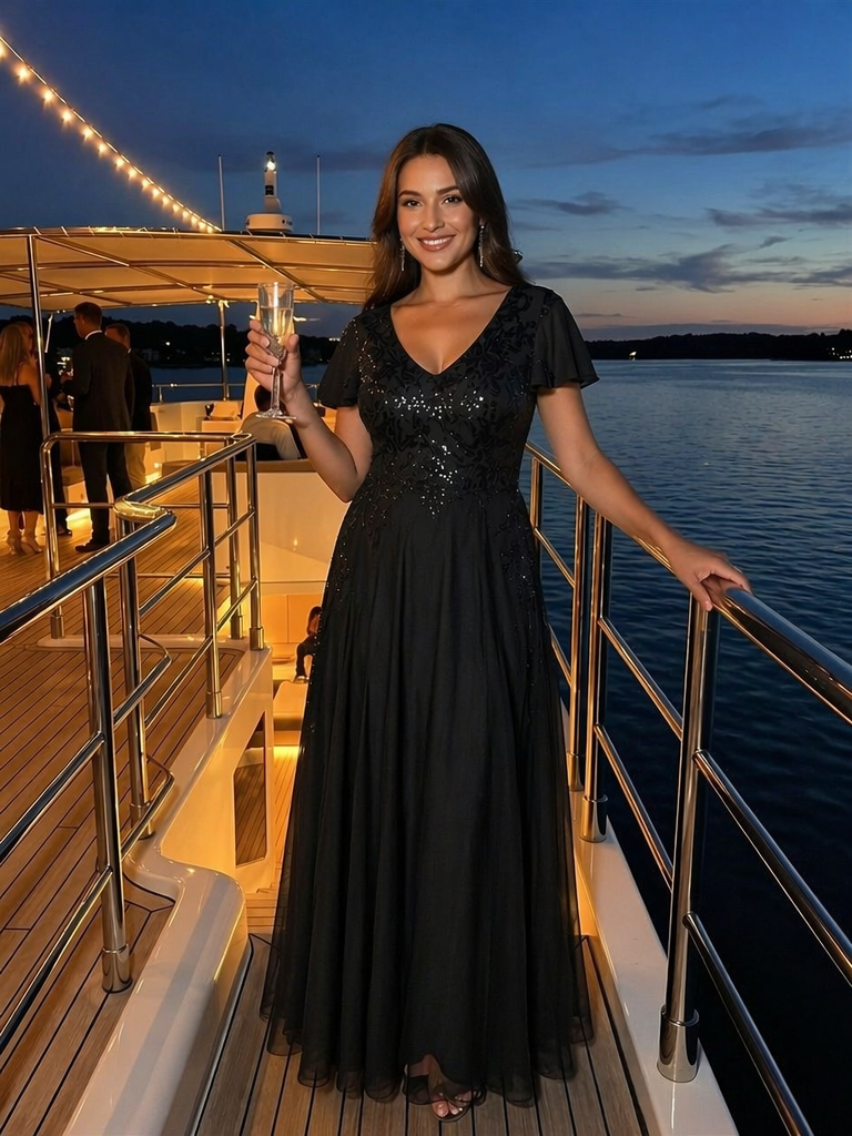 Applique Sequin Ruffle Sleeve Mother of the Bride Dress #color_Black