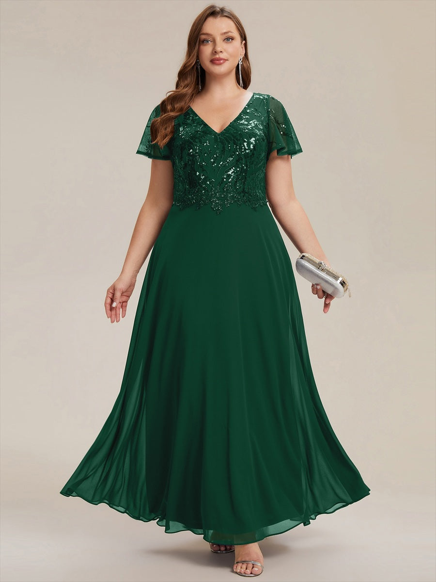 Applique Sequin Ruffle Sleeve Mother of the Bride Dress #color_Dark Green