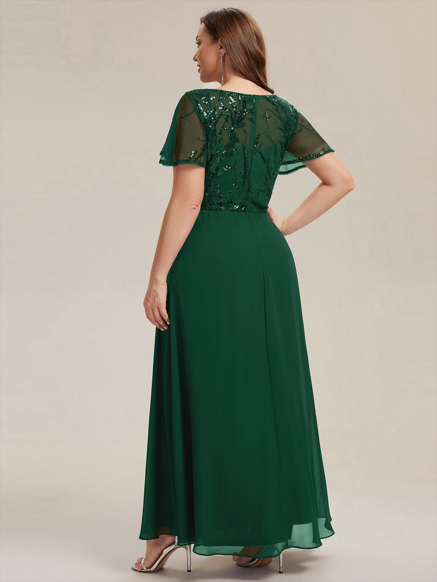 Applique Sequin Ruffle Sleeve Mother of the Bride Dress #color_Dark Green