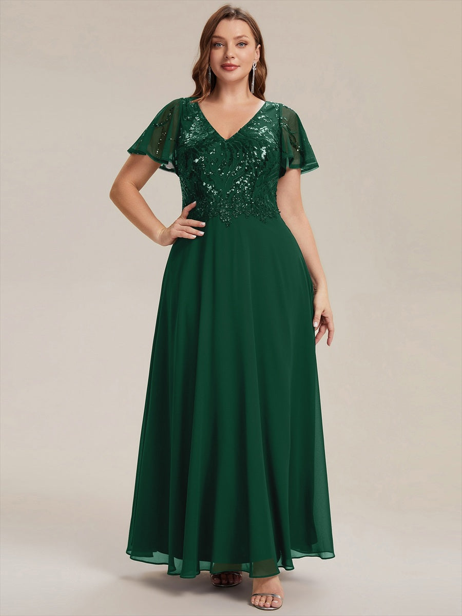 Applique Sequin Ruffle Sleeve Mother of the Bride Dress #color_Dark Green