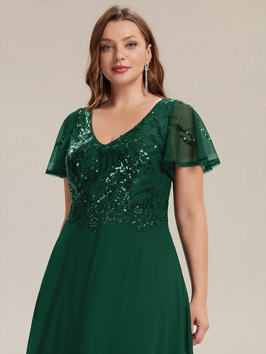Plus Size Applique Sequin Mother of the Bride Dress #color_Dark Green