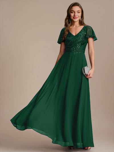 Applique Sequin Ruffle Sleeve Mother of the Bride Dress