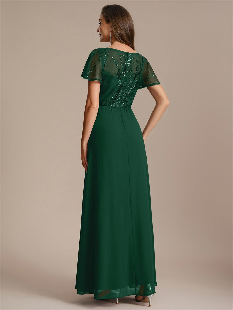 Applique Sequin Ruffle Sleeve Mother of the Bride Dress #color_Dark Green