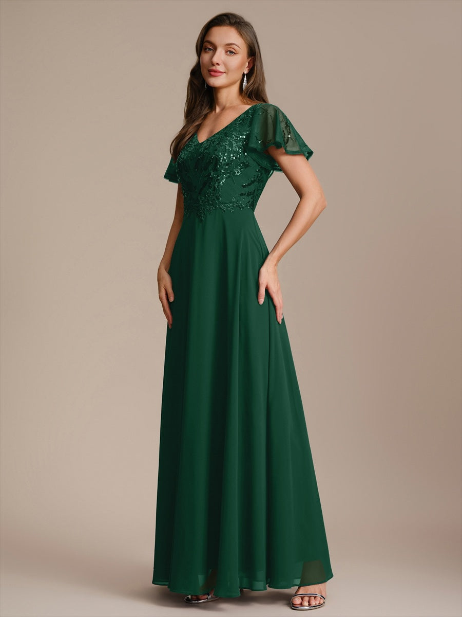 Applique Sequin Ruffle Sleeve Mother of the Bride Dress #color_Dark Green