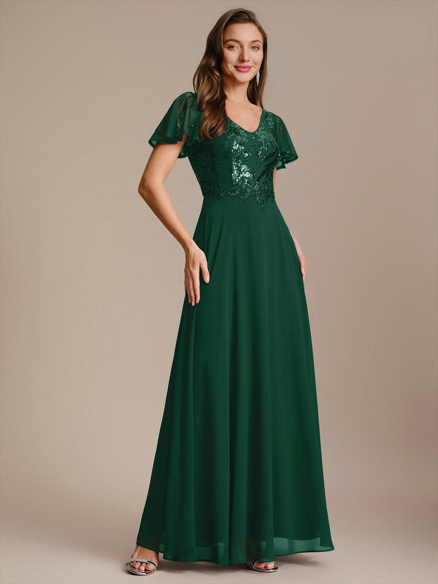 Applique Sequin Ruffle Sleeve Mother of the Bride Dress #color_Dark Green