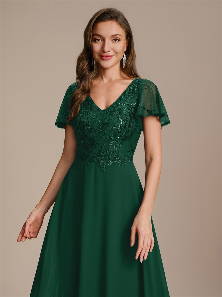 Applique Sequin Ruffle Sleeve Mother of the Bride Dress #color_Dark Green