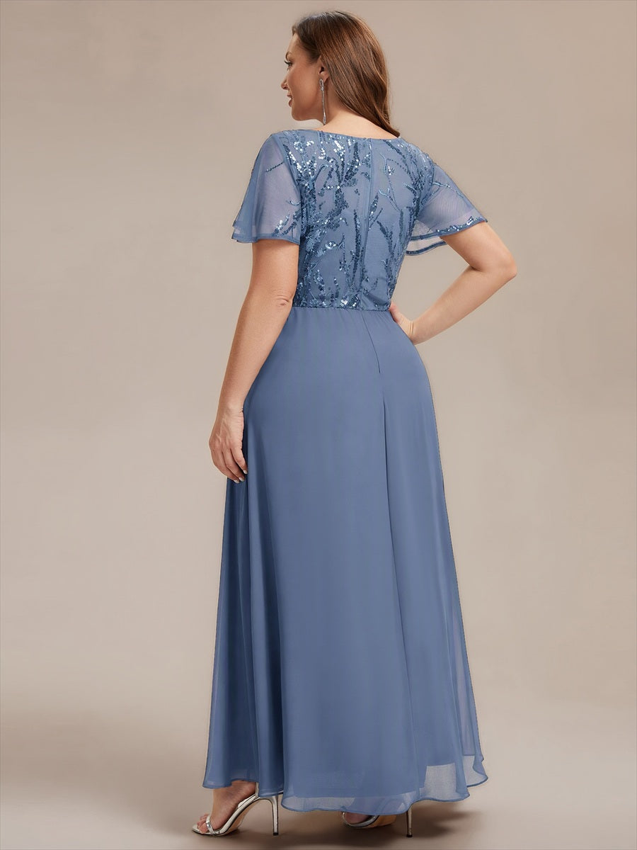 Applique Sequin Ruffle Sleeve Mother of the Bride Dress #color_Dusty Blue