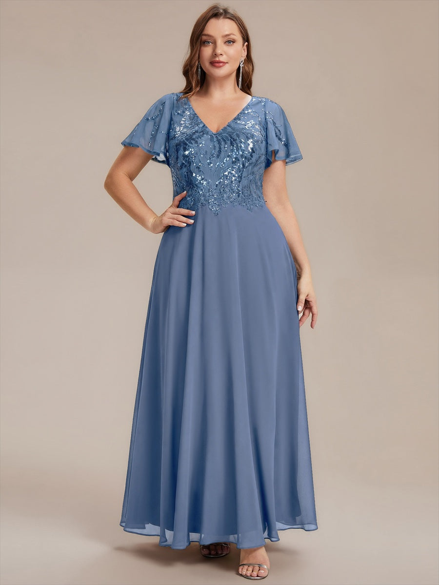 Applique Sequin Ruffle Sleeve Mother of the Bride Dress #color_Dusty Blue