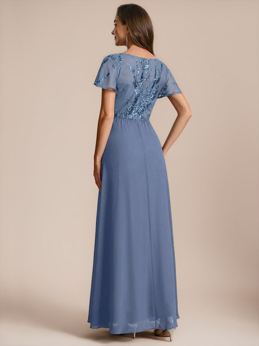 Applique Sequin Ruffle Sleeve Mother of the Bride Dress #color_Dusty Blue