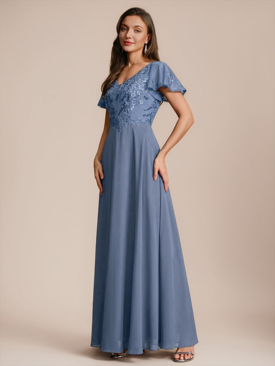 Applique Sequin Ruffle Sleeve Mother of the Bride Dress #color_Dusty Blue