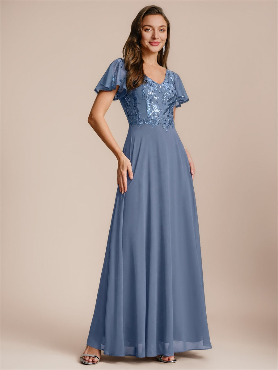 Applique Sequin Ruffle Sleeve Mother of the Bride Dress #color_Dusty Blue