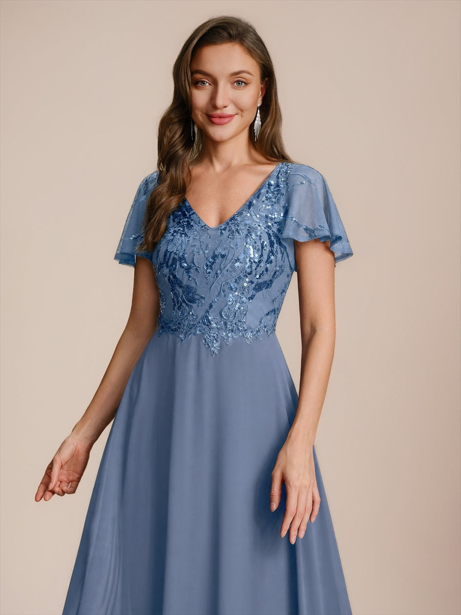 Applique Sequin Ruffle Sleeve Mother of the Bride Dress #color_Dusty Blue