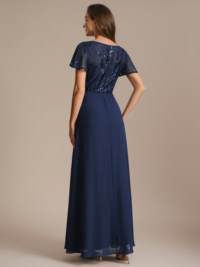 Applique Sequin Ruffle Sleeve Mother of the Bride Dress #color_Navy Blue
