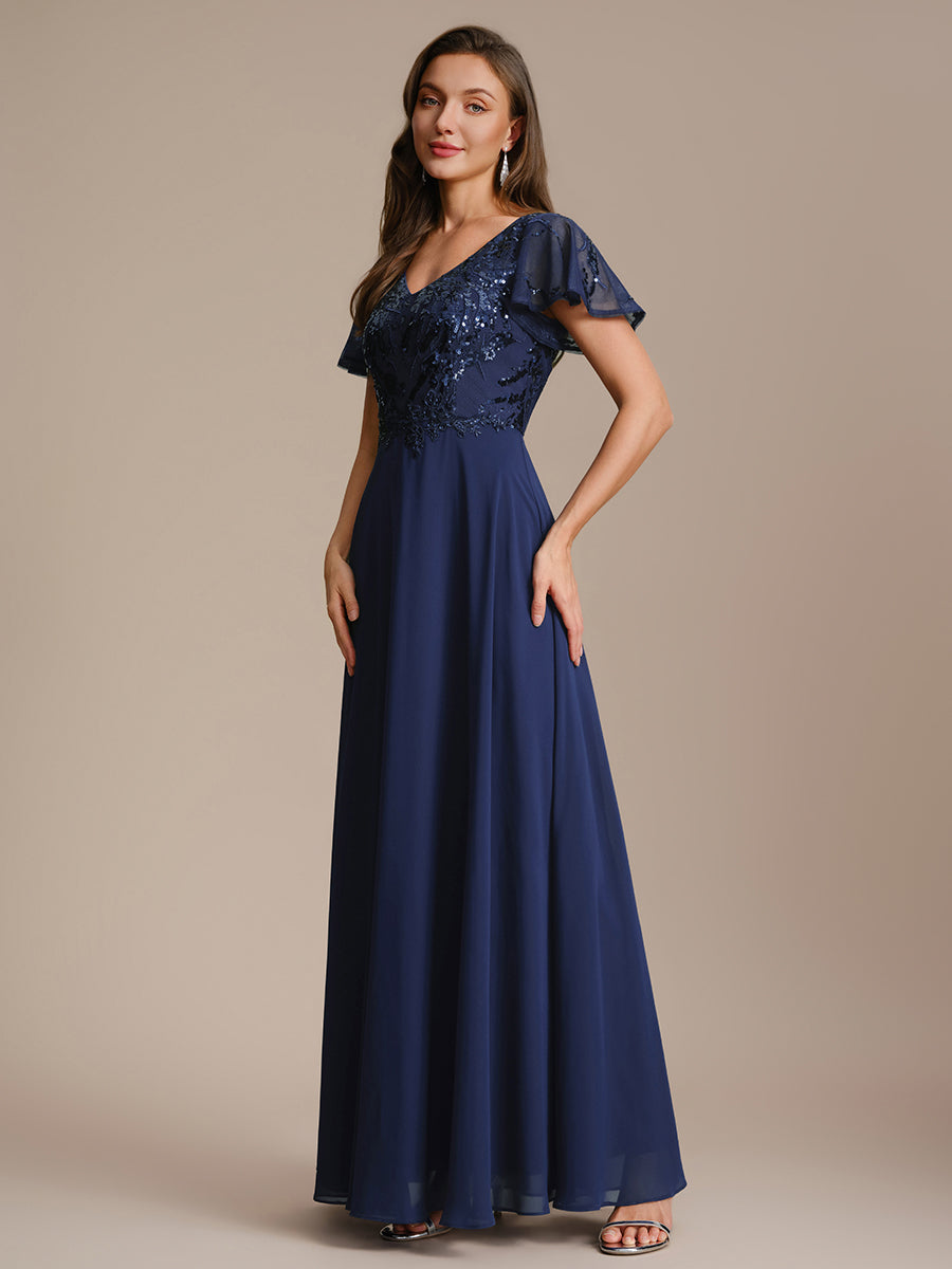 Applique Sequin Ruffle Sleeve Mother of the Bride Dress #color_Navy Blue