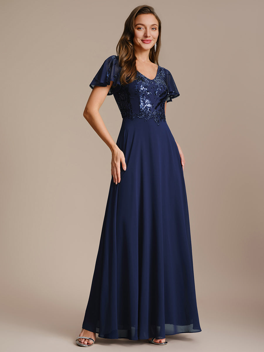 Applique Sequin Ruffle Sleeve Mother of the Bride Dress - Ever-Pretty US