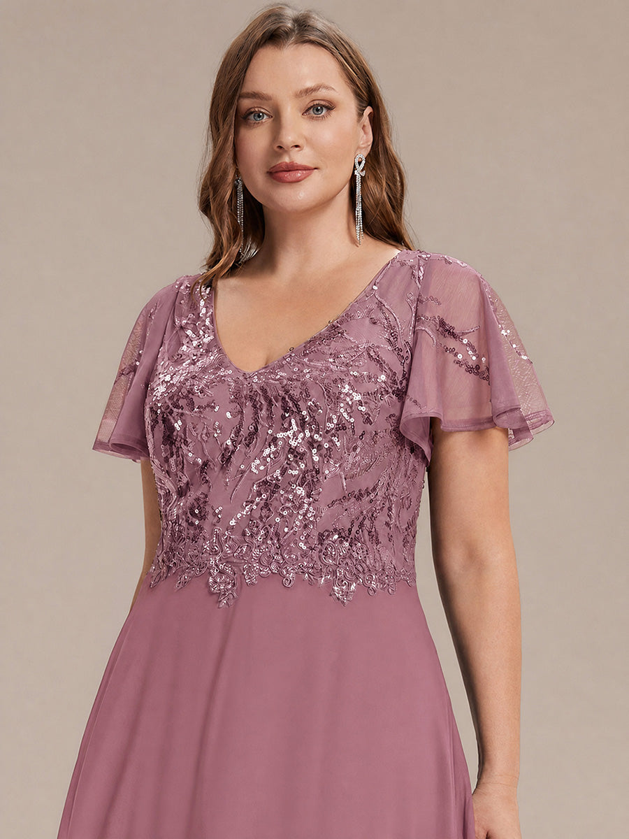 Applique Sequin Ruffle Sleeve Mother of the Bride Dress #color_Purple Orchid
