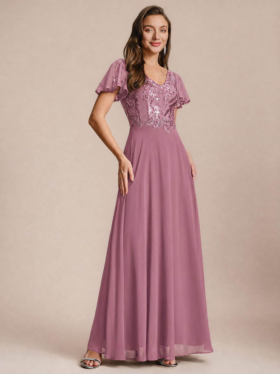 Applique Sequin Ruffle Sleeve Mother of the Bride Dress #color_Purple Orchid