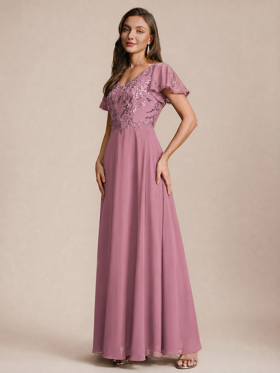 Applique Sequin Ruffle Sleeve Mother of the Bride Dress #color_Purple Orchid