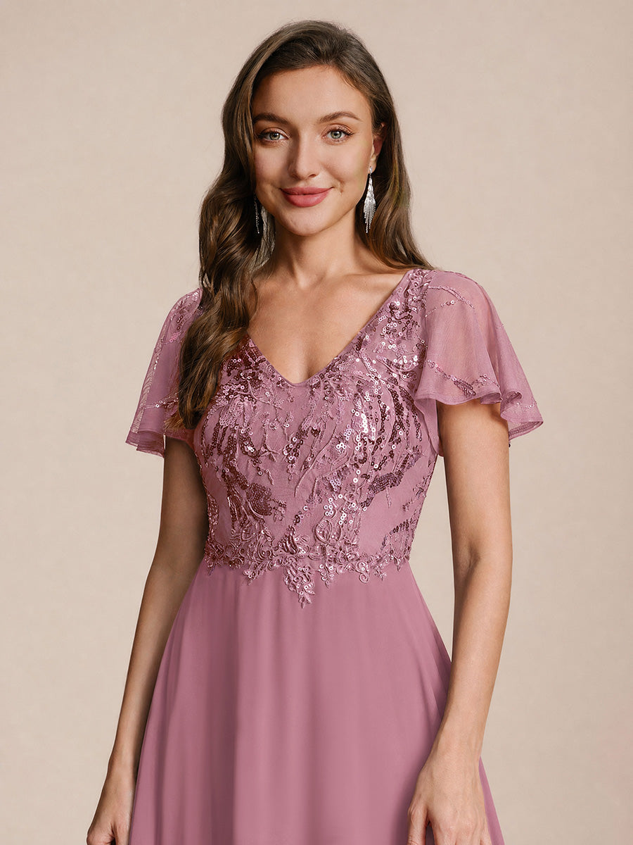 Applique Sequin Ruffle Sleeve Mother of the Bride Dress #color_Purple Orchid