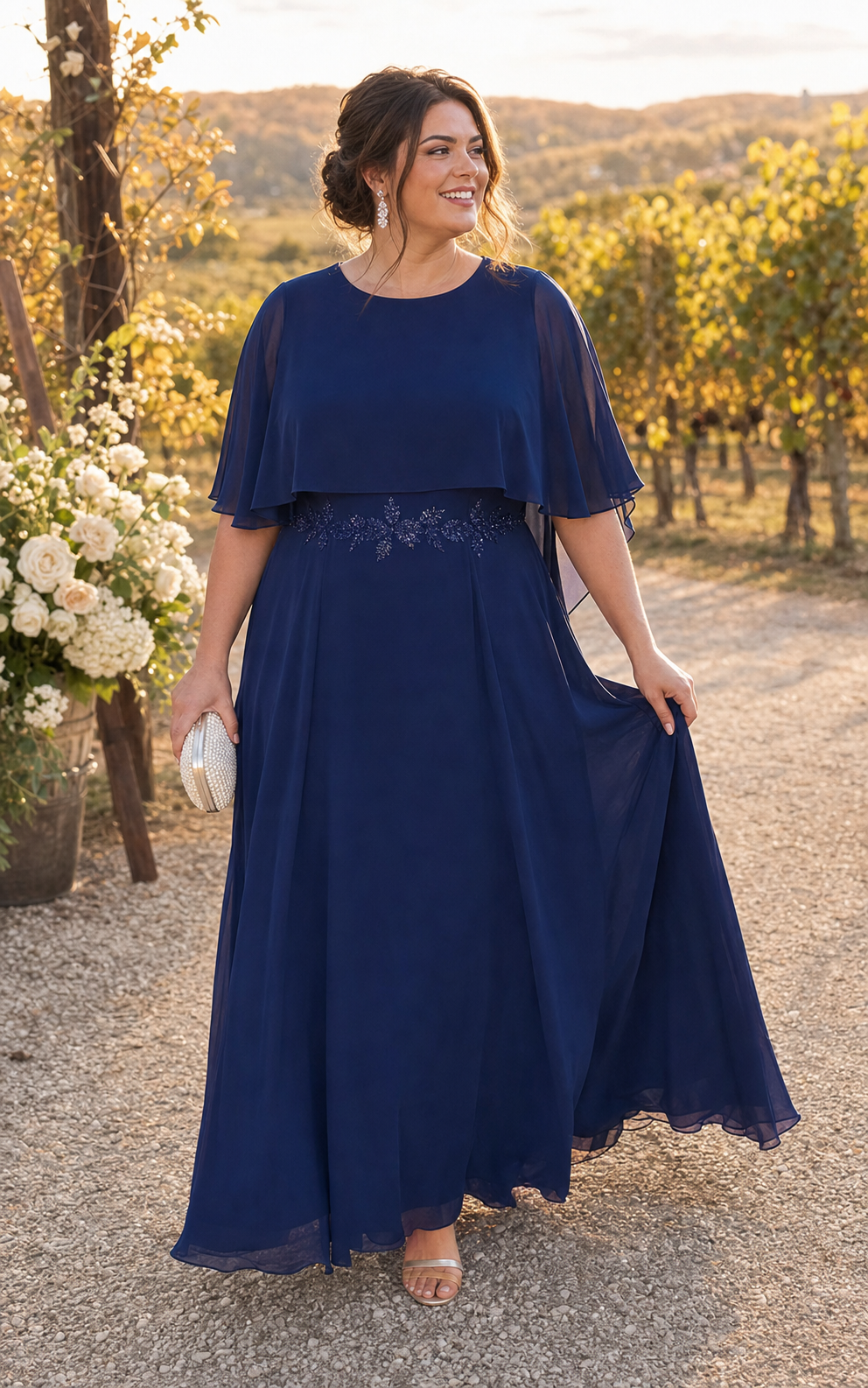 Plus Size Chiffon Cape Sleeve Mother of the Bride Dress #color_Navy Blue
