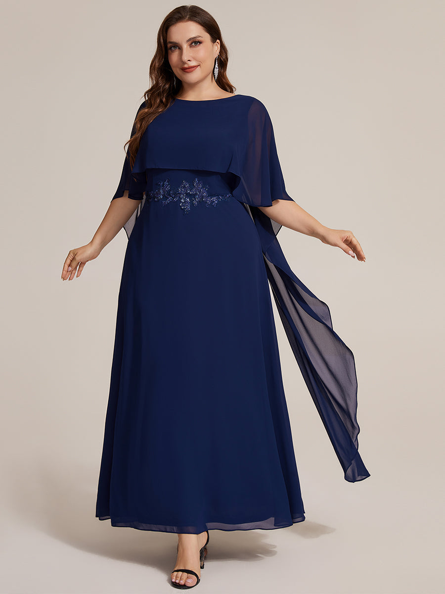 Plus Size Chiffon Cape Sleeve Mother of the Bride Dress #color_Navy Blue