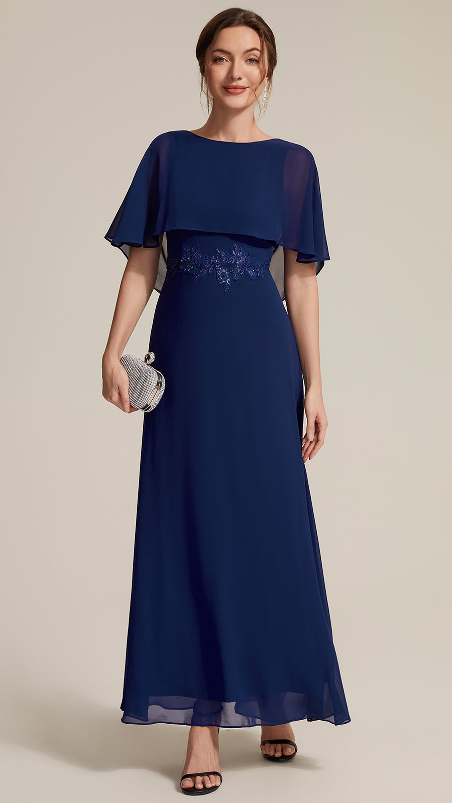 tea-length chiffon dresses mother of the bride Ever-Pretty Cape Sleeve A-Line With Sleev Dark Navy Color:Black and Ivory Navy blue SR OWNED: RENTAL Party Wear Gown Dark