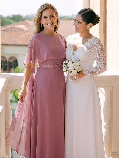 Chiffon Cape Sleeve A-Line Mother of the Bride Dress