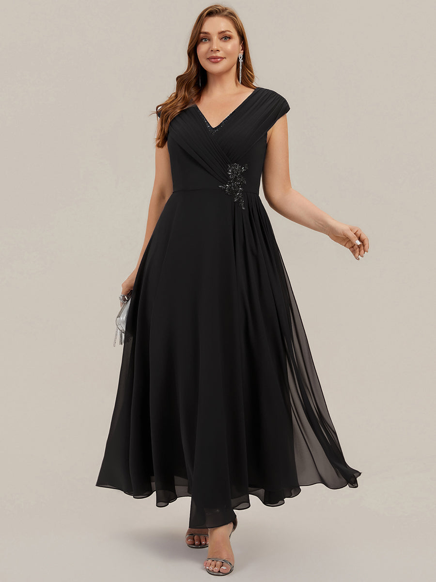 Flowing Ribbons Chiffon Cap Sleeve Mother of the Bride Dress #color_Black