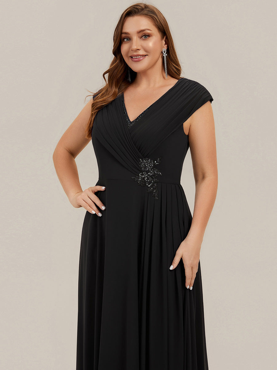 Plus Size Flowing Ribbons Cap Sleeve Mother of the Bride Dress #color_Black