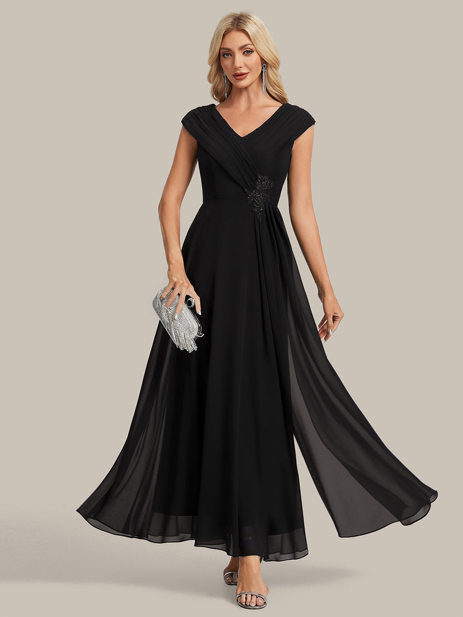 Flowing Ribbons Chiffon Cap Sleeve Mother of the Bride Dress #color_Black