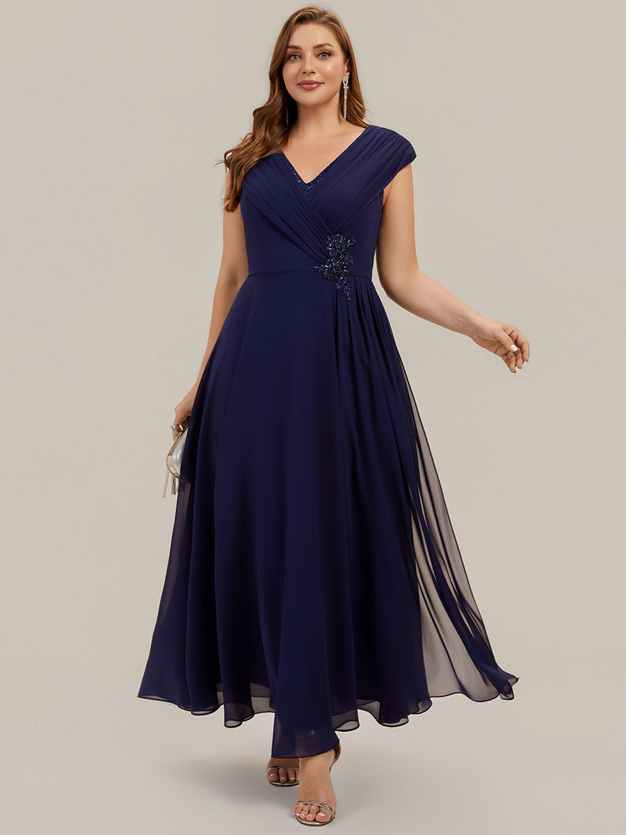 Flowing Ribbons Chiffon Cap Sleeve Mother of the Bride Dress #color_Navy Blue